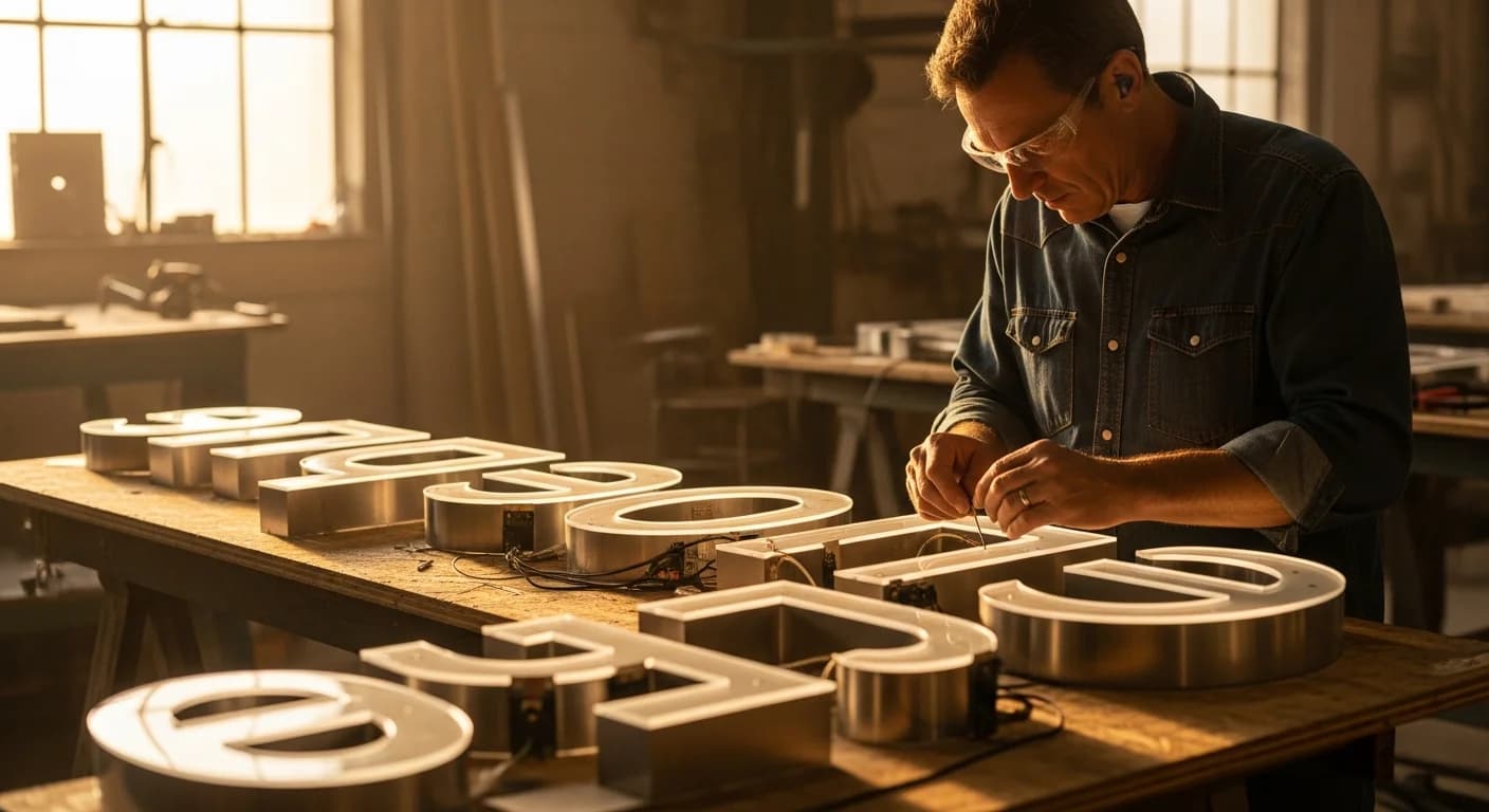 Hero plein écran pour la page « Enseignes lumineuses » d'un atelier de signalétique et marquage publicitaire.

Composition cinématique 16:9, lumière chaude, ambiance professionnelle et chaleureuse.

Le visuel doit suggérer le savoir-fai