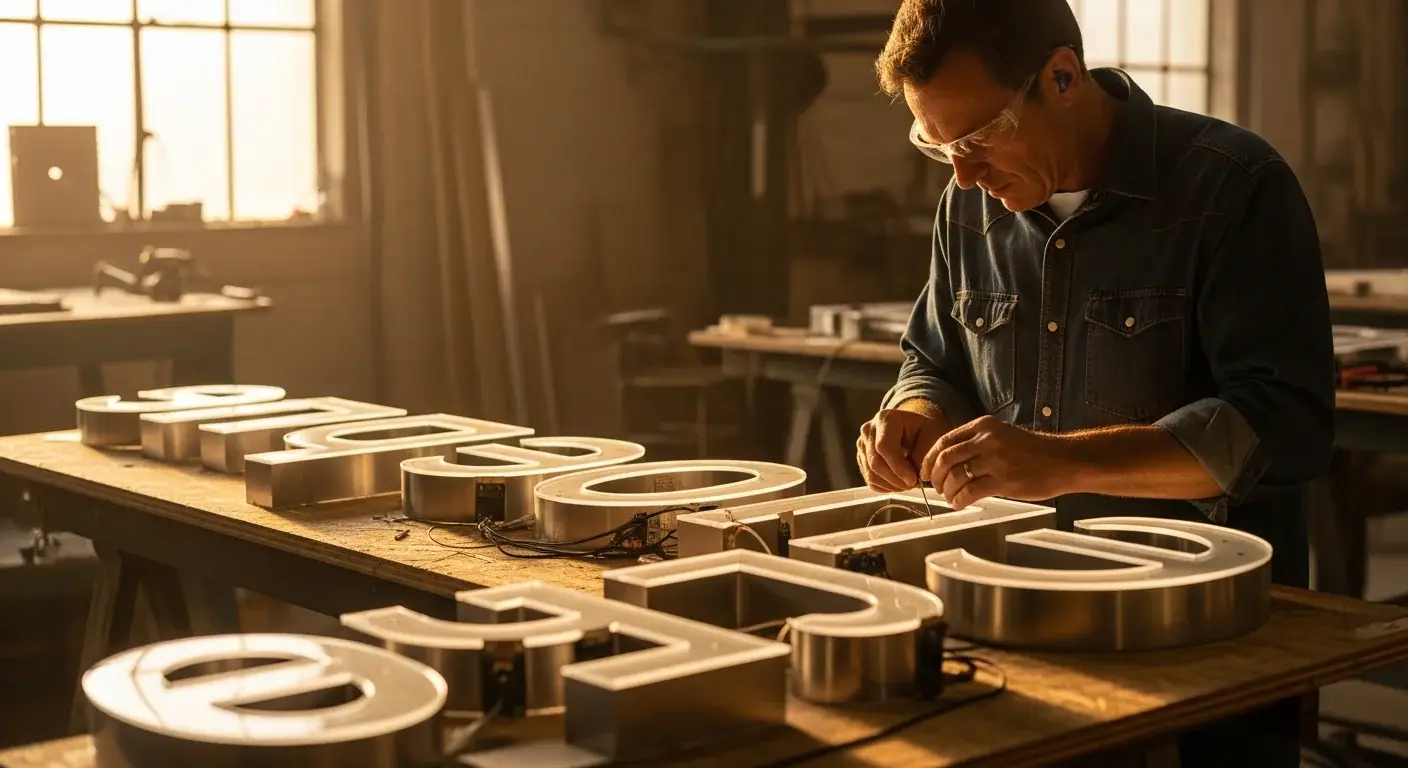 Hero plein écran pour la page « Enseignes lumineuses » d'un atelier de signalétique et marquage publicitaire.
Composition cinématique 16:9, lumière chaude, ambiance professionnelle et chaleureuse.
Le visuel doit suggérer le savoir-fai